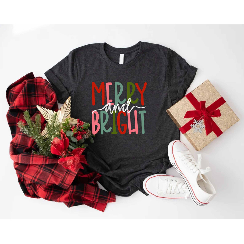 Merry Christmas Shirt, Christmas Women Gift, Merry and Bright Christmas Tee, Santa Hat Holiday Shirt, Cute Christmas, Christmas Gift for Her.jpg