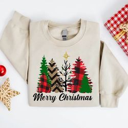 merry christmas sweatshirt, christmas tree sweatshirt, cozy christmas sweatshirts for women, buffalo plaid merry xmas sw