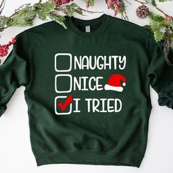 naughty nice i tried sweatshirt, funny christmas sweatshirt, xmas gift, santa's naughty checklist sweatshirt, funny chri