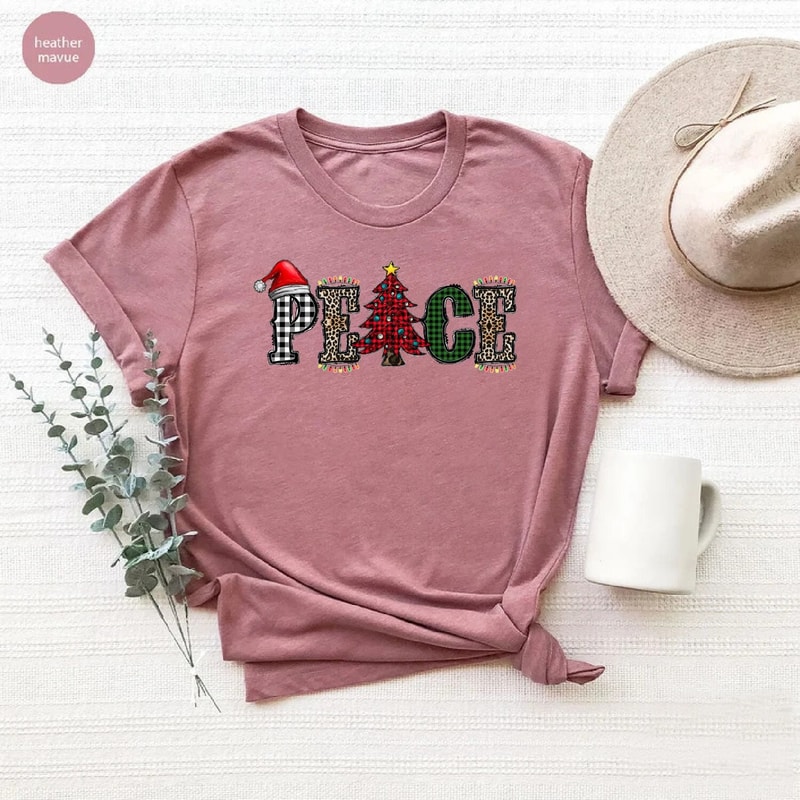Peace Christmas Shirt, Xmas Peace T-Shirt, Christmas Tree Shirt, Xmas Gift For Her, Leopard Print Christmas Tees, Christmas Party Gift Tee.jpg