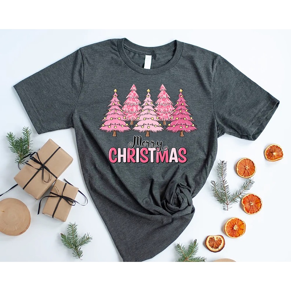 Pink Christmas Tree Shirt, Merry Christmas Pink Christmas Trees TShirt, Ladies Christmas Tee, Holiday Shirt For Women, Women Xmas Tree Shirt.jpg