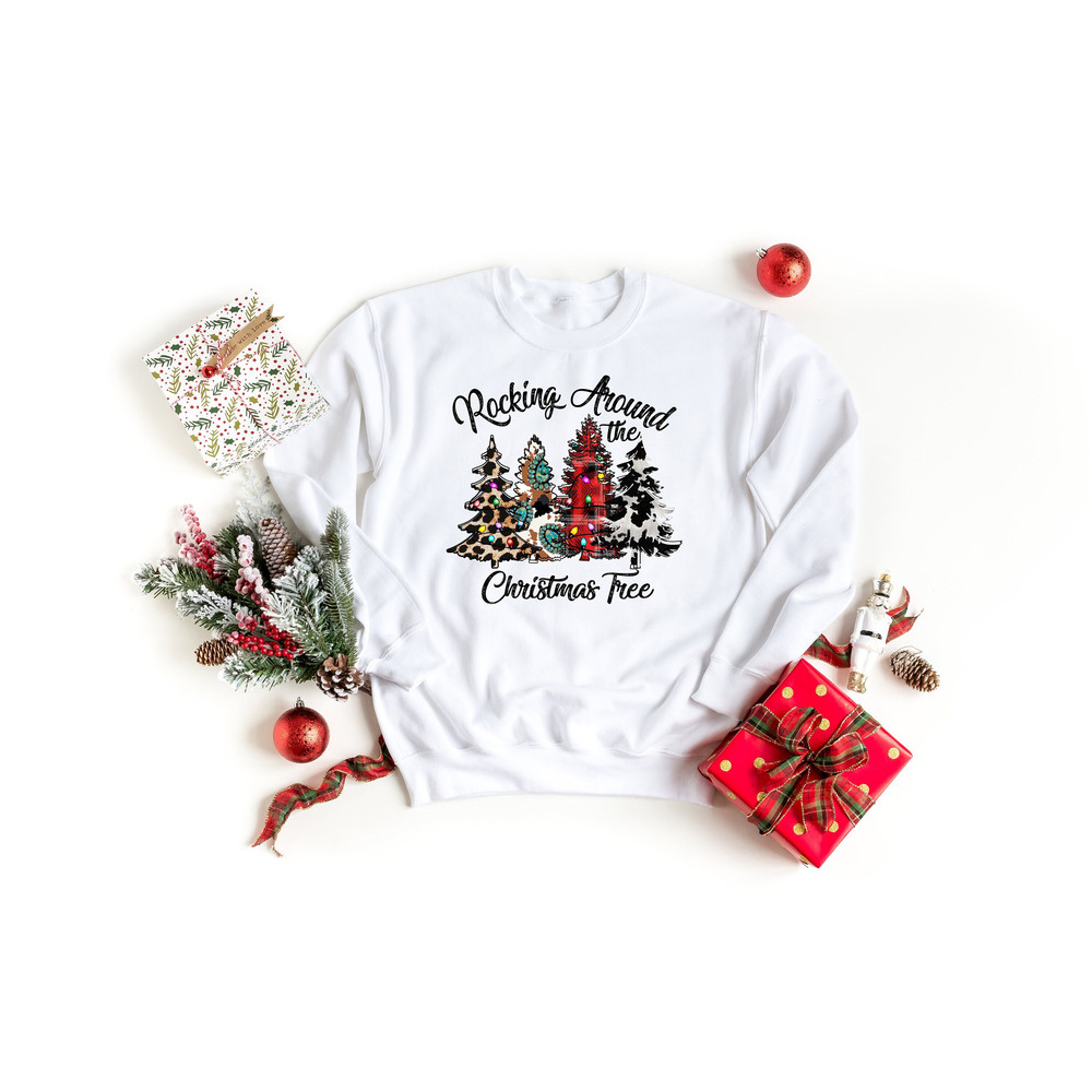 Rocking Around Christmas Tree Sweatshirt, Leopard print Christmas Tree, Buffalo Plaid Christmas Shirt, Womens Cheetah Xmas Shirt, Family Tee.jpg