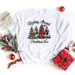 rocking around christmas tree sweatshirt, leopard print christmas tree, buffalo plaid christmas shirt, womens cheetah xm