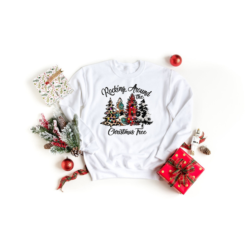 Rocking Around Christmas Tree Sweatshirt, Leopard print Christmas Tree, Buffalo Plaid Christmas Shirt, Womens Cheetah Xmas Shirt, Family Tee.jpg