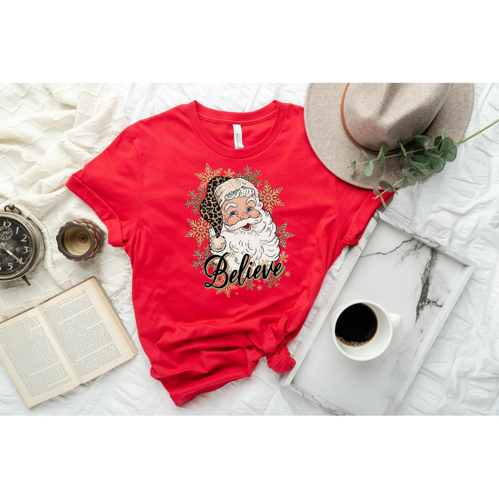 Santa Believe Sweatshirt, Christmas Shirt, Santa Sweater, Believe Shirt, Christmas Leopard Shirt, Retro Santa Shirt, Christmas Santa Tee.jpg