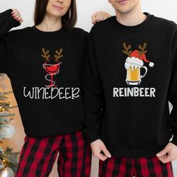 winedeer reinbeer shirt, couples christmas sweatshirt, funny holiday shirt, matching couples pajamas, christmas party re