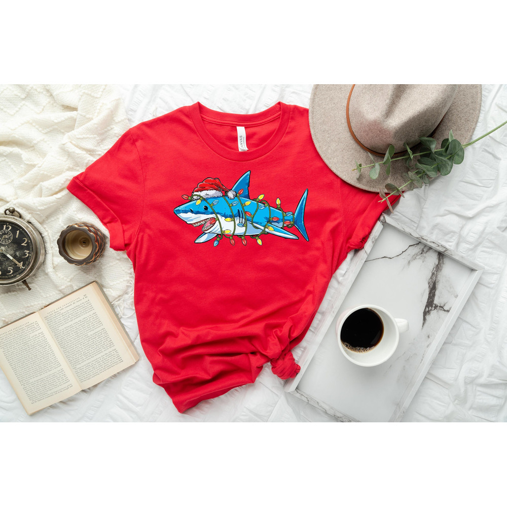 Christmas Shark Lights Shirt, Christmas Sweatshirt, Funny Christmas Shirt, Christmas Gift Shirt, Christmas Gift For Her, Kids Christmas Tee.jpg