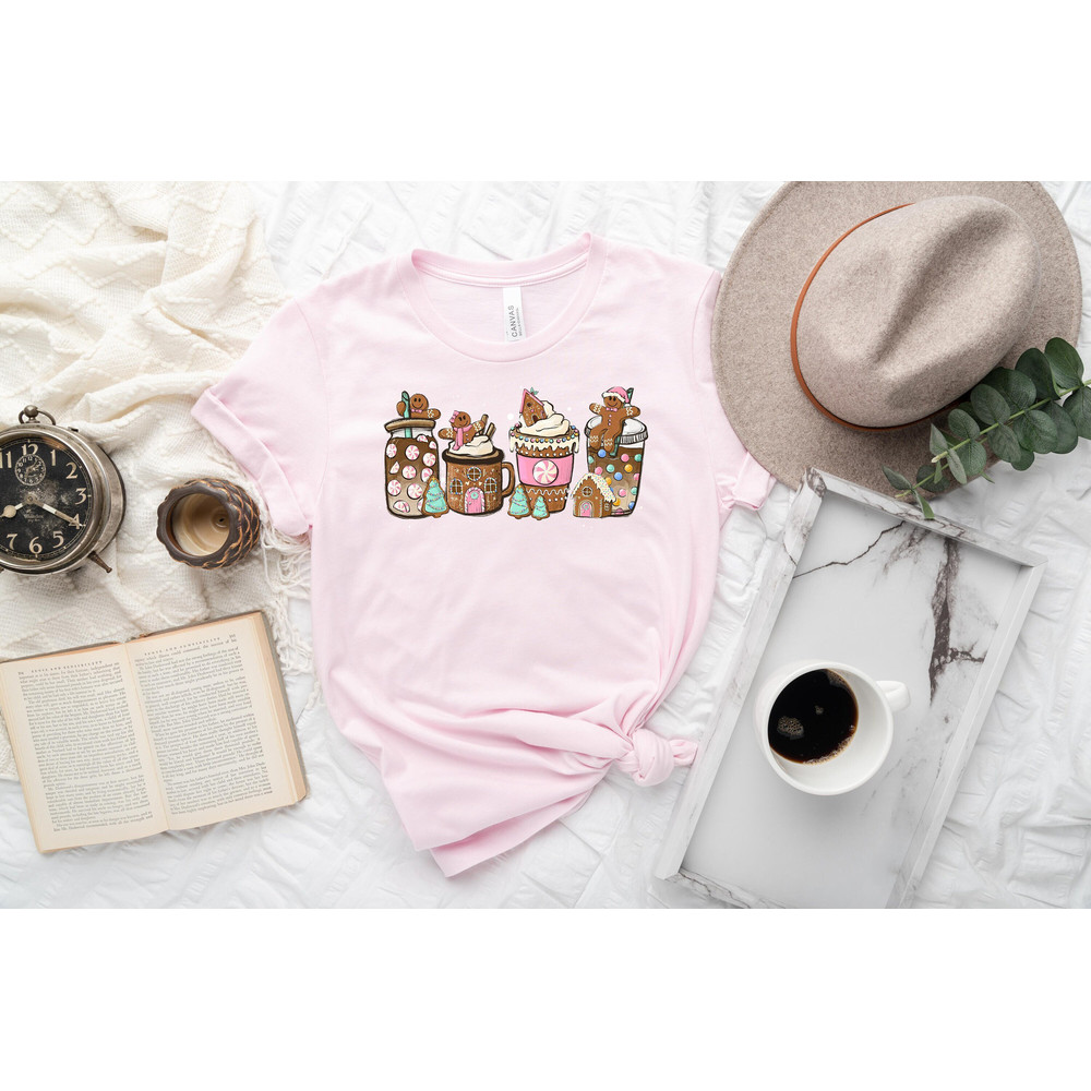 Gingerbread Christmas Coffee Sweatshirt, Christmas coffee Shirt, women Holiday hoodie, Xmas gift, Coffee Lover Tshirt Pink Latte drink Shirt.jpg