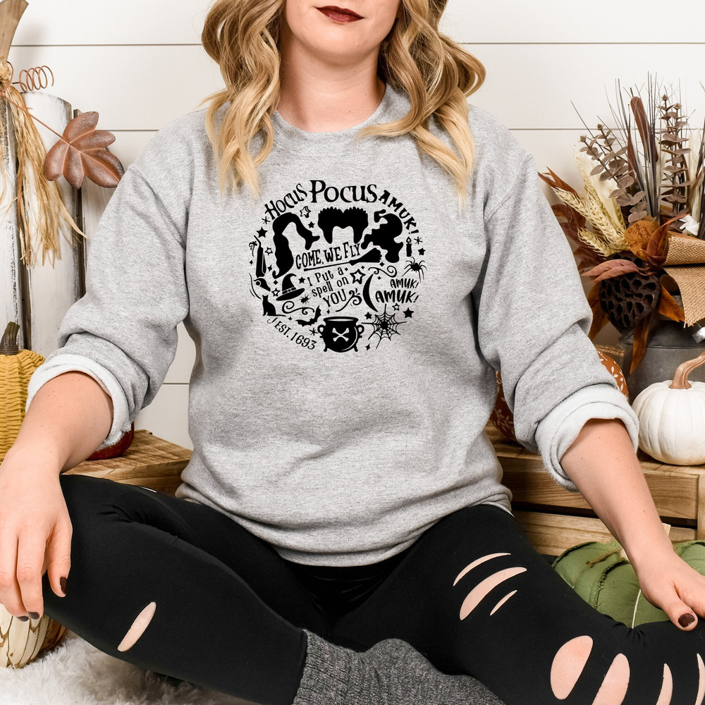 Hocus Pocus Crewneck Sweatshirt, Come We Fly, Halloween, Amuck Amuck, It's a Glorious Morning, Makes Me Sick.jpg