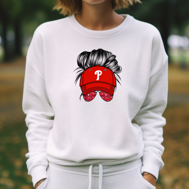Messy Bun Phillies Hat Crewneck, Girly Trendy Boho Phillies Sweatshirt, Ring the Bell, Red October, Bryce Harper, World Series.jpg