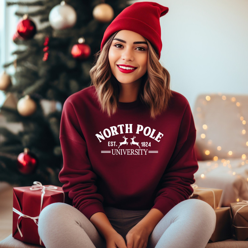 North Pole University Crewneck Sweatshirt, Vintage Santa, Boho Christmas Sweatshirt, Reindeer Game, Fun Christmas Shirt.jpg