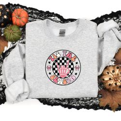 tis the season youth crewneck, boho retro halloween, checkered skeleton, kids halloween sweatshirt, retro girl
