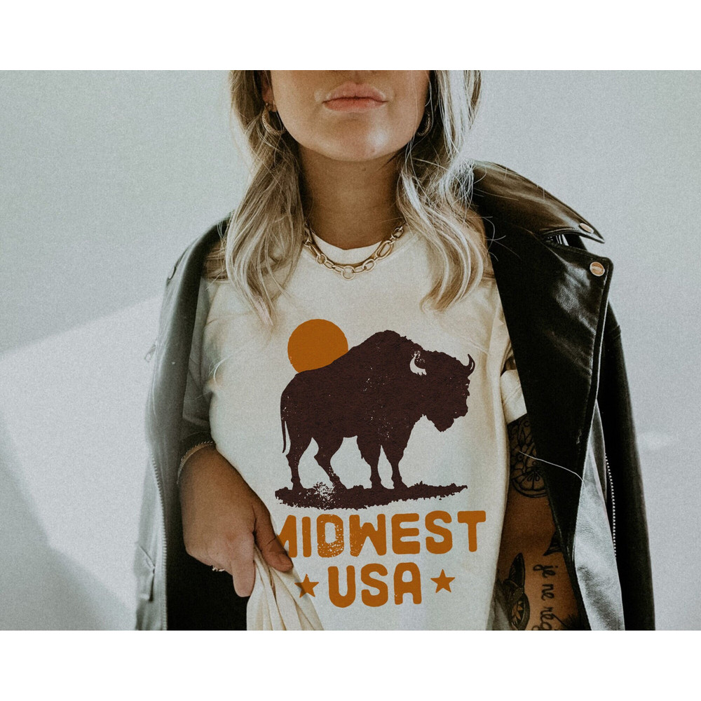 Midwest Unisex Shirt Vintage Western Graphic Tee Wild West America Yellowstone Buffalo The Great Plains Tshirt Dress Oversized T-Shirt.jpg