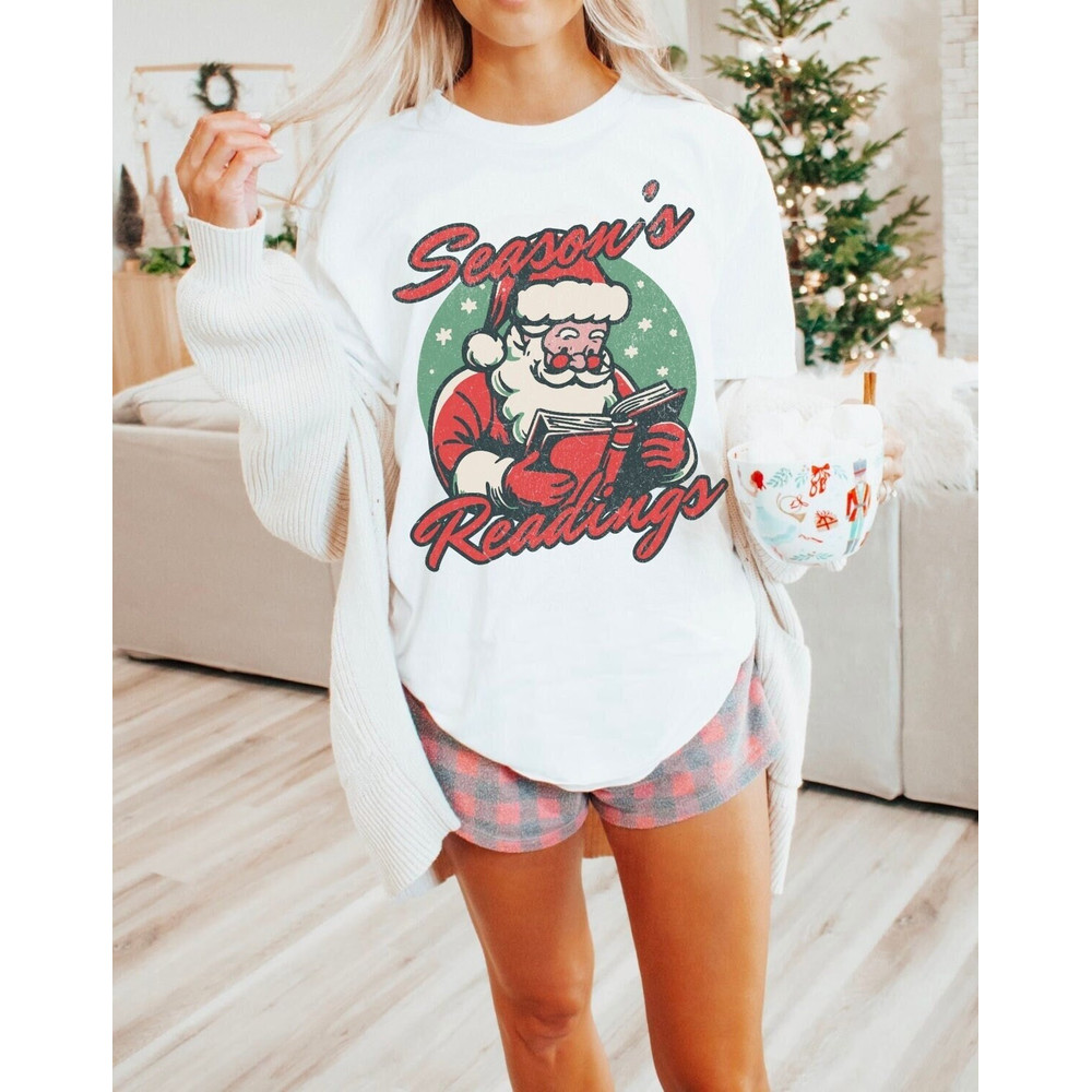 Season's Readings Tee Retro Santa Claus Shirt Book Lovers Gifts for Her Bookish Christmas Tshirt Festive Season Greetings Matching Christmas.jpg