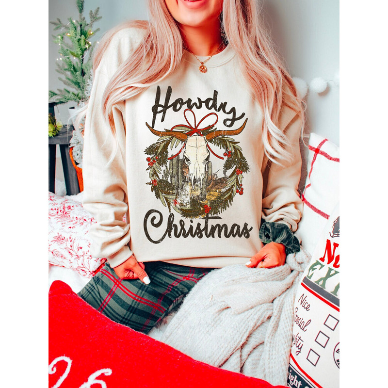 Western Christmas Sweatshirt Howdy Christmas Cow Skull Longhorn Country Christmas Shirt Festive Sweatshirt Gift for Christmas Crewneck.jpg