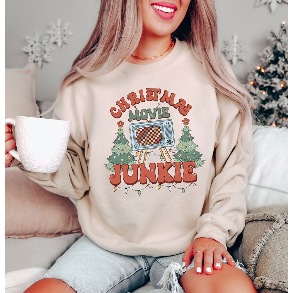 Christmas Movie Junkie Sweatshirt, Retro Christmas Movie Hoodie, Christmas Holiday Sweater, Christmas Tree Hoodie, Vintage Christmas Hoodie.jpg