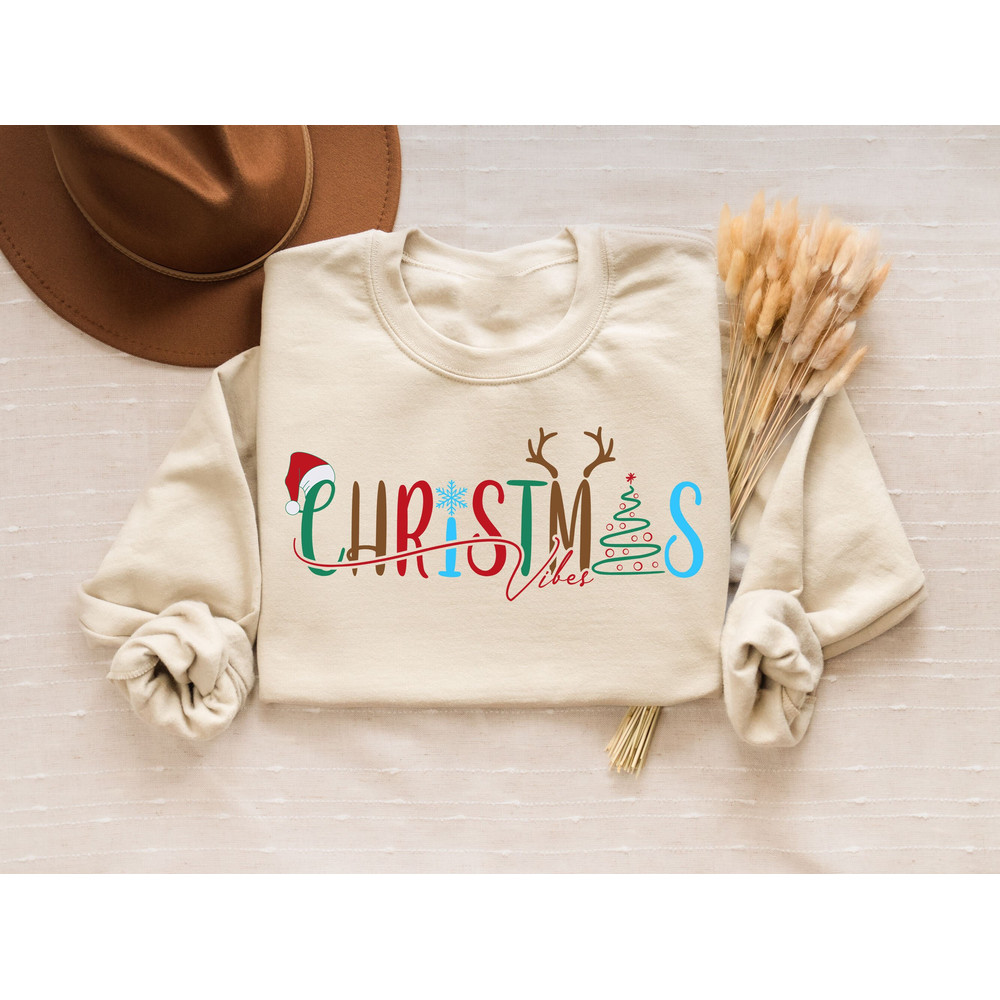 Christmas Vibes Sweatshirt Gift For New Year, Santa Hat Sweater, Christmas Reindeer Shirt, Cozy Christmas Tree Hoodie, Cute Holiday T-Shirt.jpg