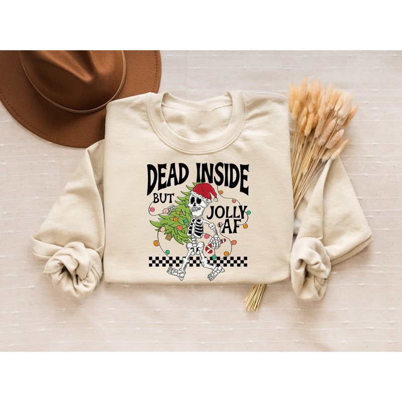 Dead Inside But Jolly Af Shirt, Christmas Skeleton Sweater, Sarcastic Skeleton Shirt, Christmas Tree Hoodie, Funny Christmas Tree Light Tee.jpg