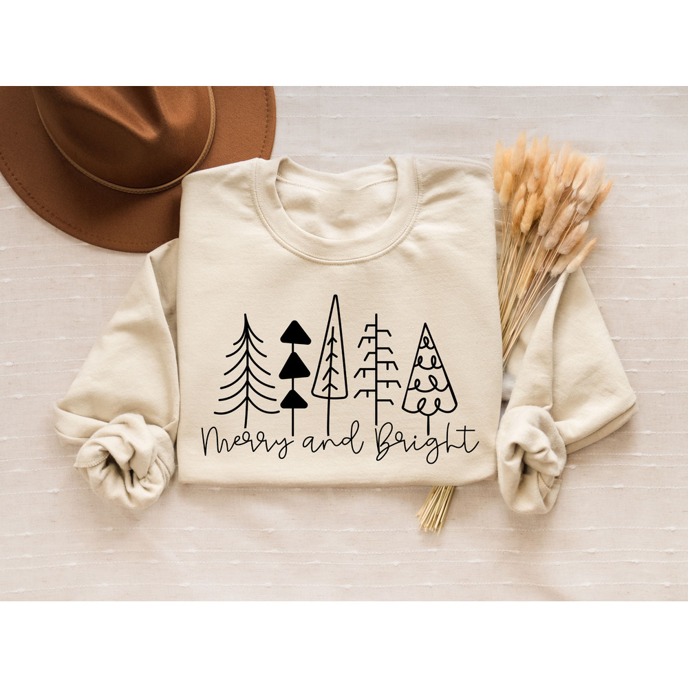Merry And Bright Sweatshirt, Christmas Tree Sweater, Holiday Shirt For Women, Christmas Crewneck, Happy New Year Tee, Cozy Winter Doodle Tee.jpg