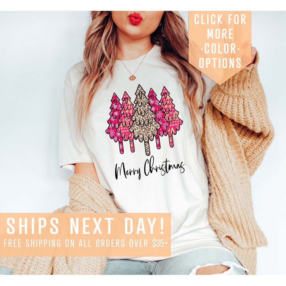Merry Christmas Shirt Gift For New Year, Leopard Christmas Shirt, Christmas Tree Tshirt, Pink Xmas Clothing, Snowflake Pattern Xmas Tee.jpg