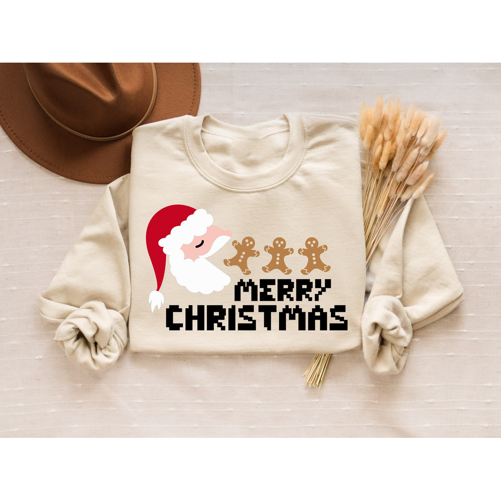 Pac Man Merry Christmas Shirt, Gingerbread Sweatshirt, Santa Claus Sweater,Christmas Gift For Kids,Funny Holiday T-Shirt,90s Games Santa Tee.jpg