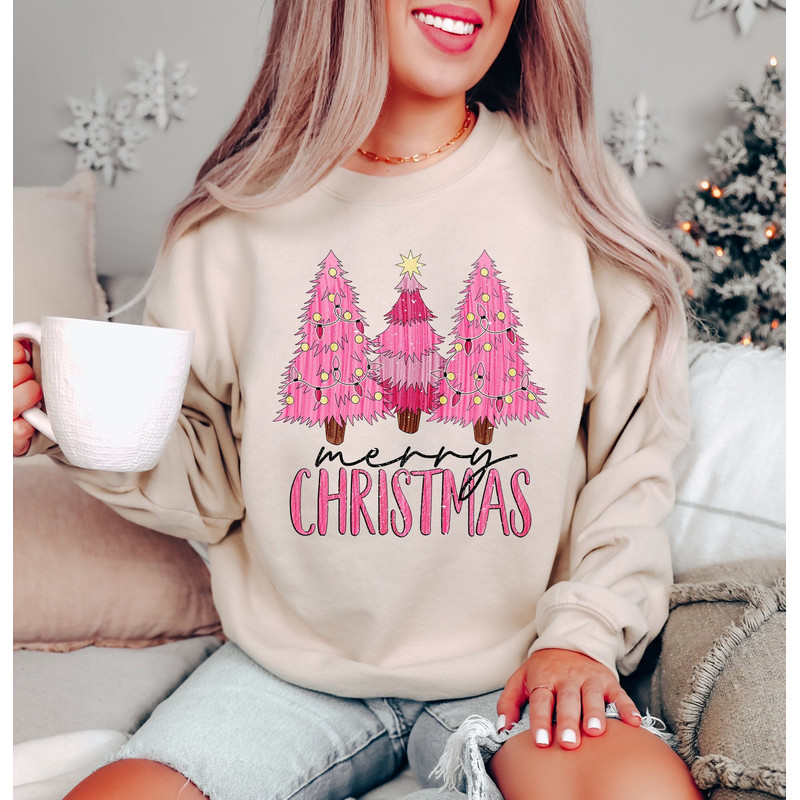 Pink Merry Christmas Tree Sweatshirt, Pink Christmas Tree Hoodie,Cute Womens Christmas Crewneck,Holiday Sweaters For Women,Winter Sweatshirt.jpg
