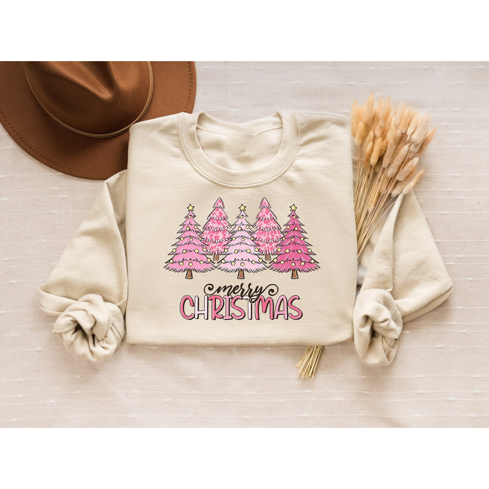Pink Merry Christmas Sweatshirt, Pink Christmas Tree Sweater, Womens Holiday Crewneck,Christmas Party Shirt,Winter Sweater,Xmas Vacation Tee.jpg