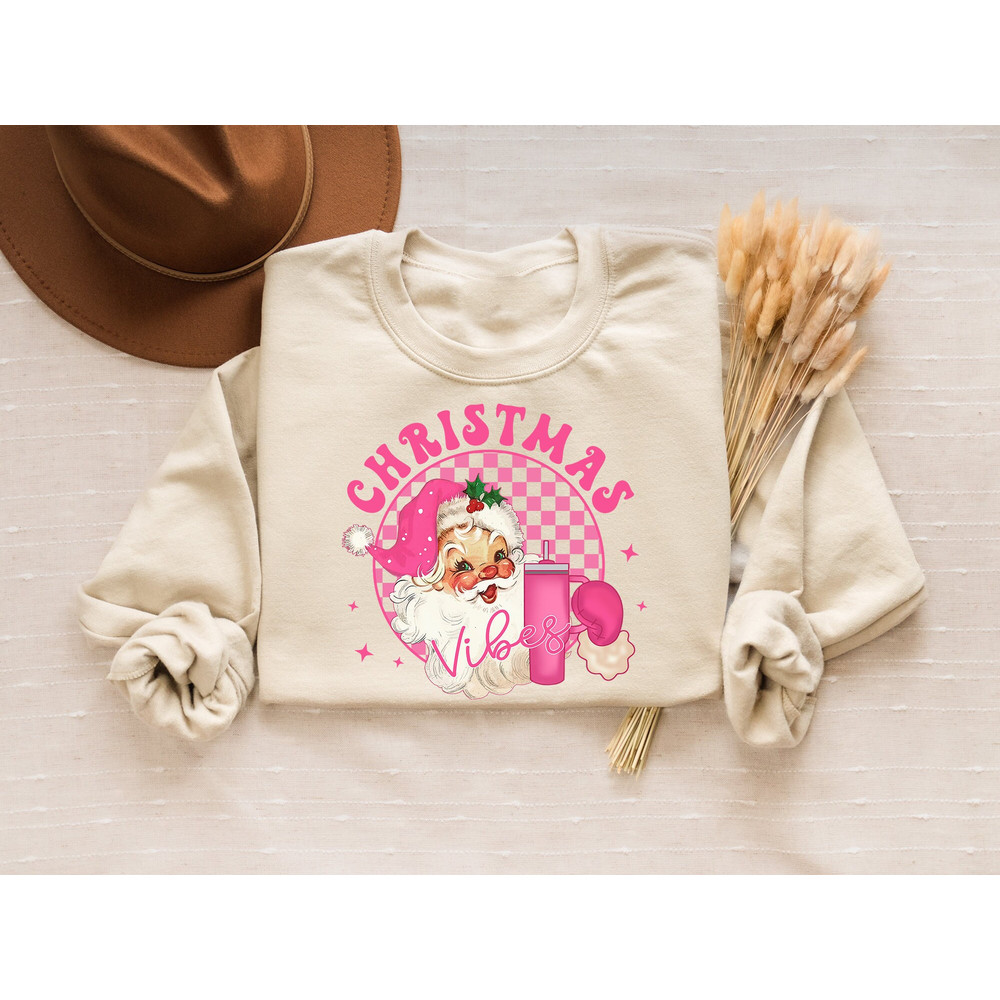 Retro Christmas Vibes Sweatshirt, Boujee Christmas Sweater, Vintage Santa Claus Shirt, Pink Tumbler T-Shirt, Trendy New Year Gift For Women.jpg