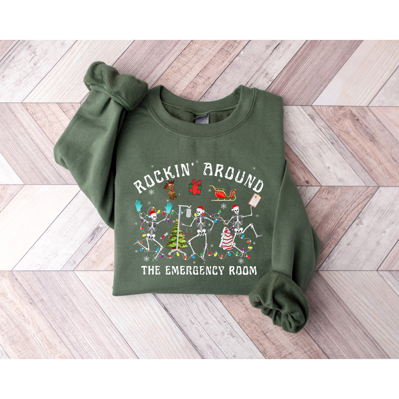 Christmas ER Nurse Sweatshirt, Rockin' Around Skeleton Er Tech Shirt, Christmas Nurse Gifts, Emergency Department Holiday Crewneck.jpg