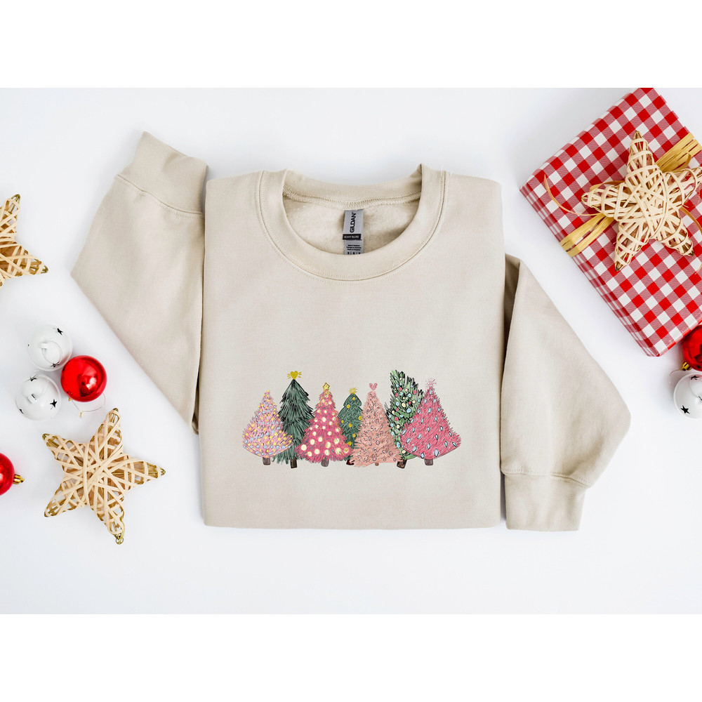 Christmas Trees Sweatshirt, Womens Christmas Crewneck Pullover Sweater, Holiday Shirts, Christmas Sweater, Pink Christmas Trees.jpg