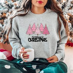 pink tree christmas sweatshirt, christmas sweater, holiday sweaters for women,winter sweatshirt,christmas crewneck,chris