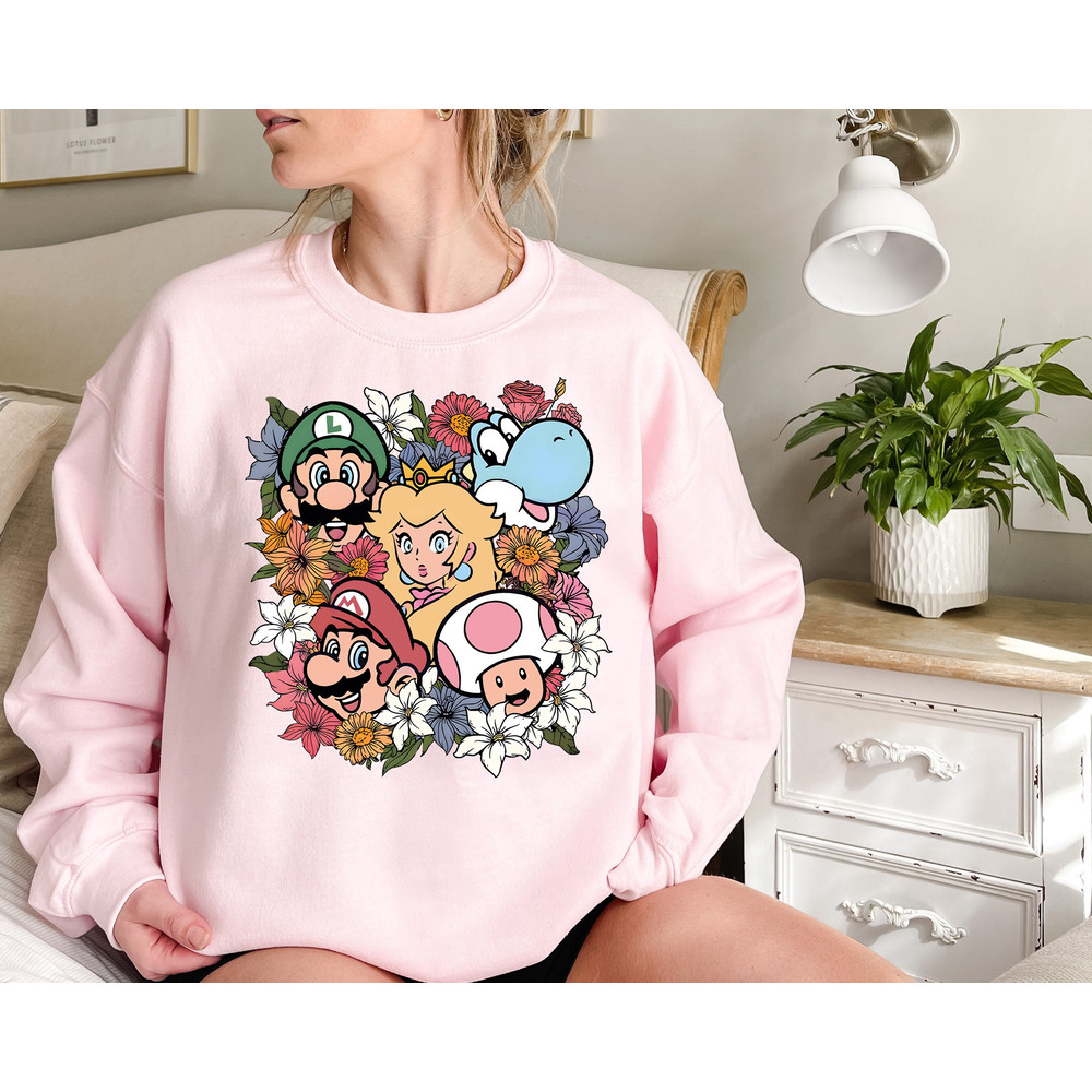 Super Mario Floral Shirt, Super Mario Bros Shirt, Vintage Mario Trip Shirt, Mario Matching Shirt, Kid Mario Brithday Shirt Mario Sweatshirt.jpg