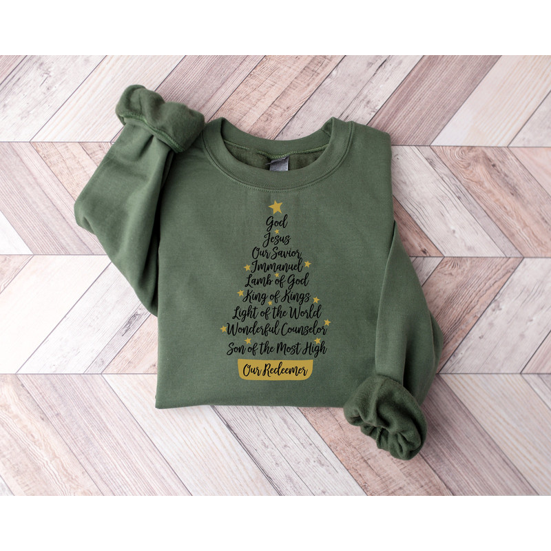 Names of Jesus Christmas Tree Sweatshirt, Winter Holiday Shirt, Names of Christ Christmas Shirt, Names of God Christian Christmas Shirt Gift.jpg