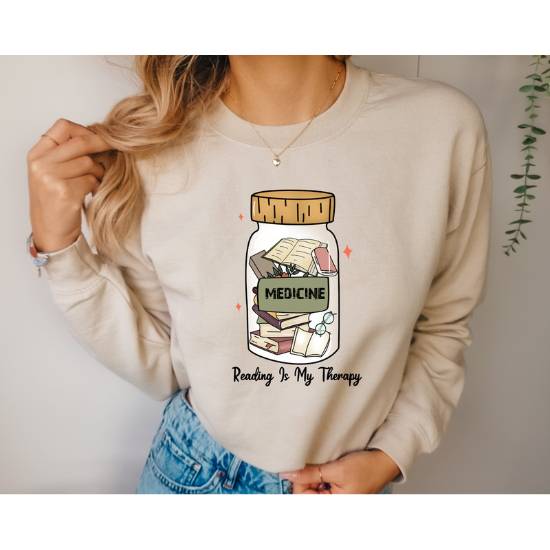 Book Pills Sweatshirt, Reading Is My Therapy Hoodie, Mental Health Sweater, Book Lovers Gift, Bookworm Sweatshirt, Cute Graphic Sweater.jpg