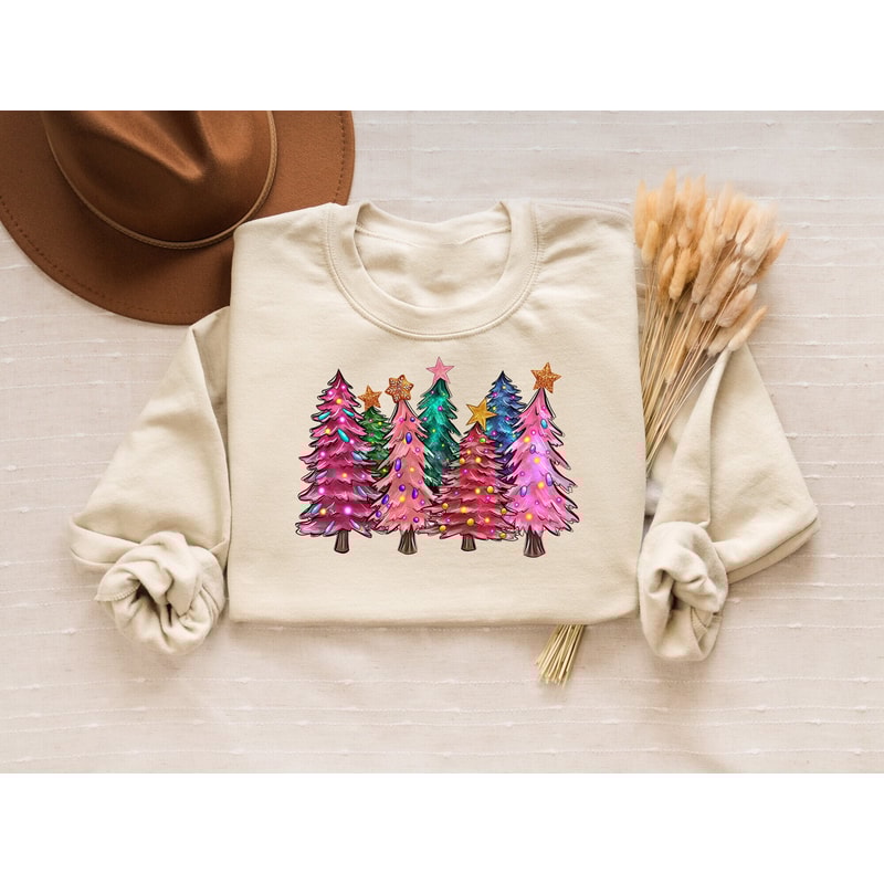 Pink Christmas Tree Sweatshirt, Pink Trees Hoodie, Womens Chritmas Crewneck, Pink Holiday Shirt, Winter Sweater, Holiday Sweaters for Women.jpg