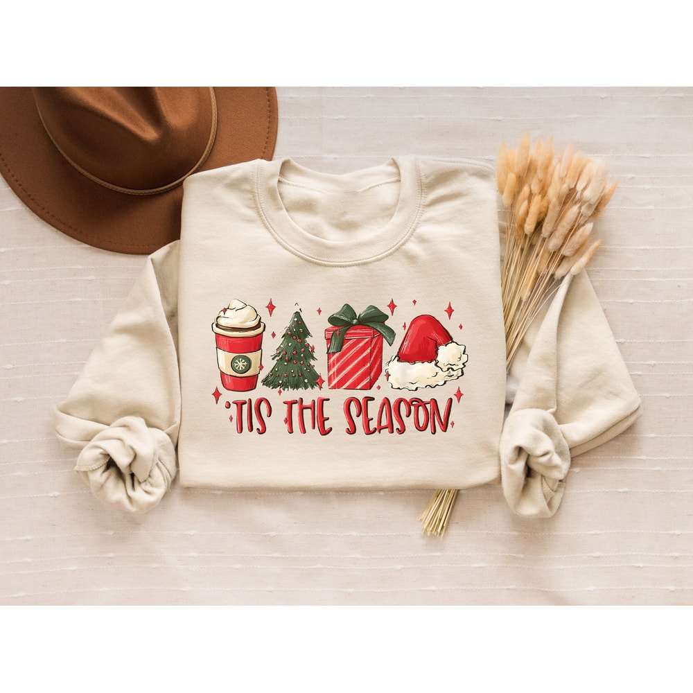Tis The Season Sweatshirt Gift For Winter, Cute Christmas Coffee Sweater, Cozy New Year Hoodie, Christmas Gift Shirt,Funny Santa Hat T-Shirt.jpg