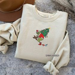 embroidered ginchy pine tree whoville sweatshirt, christmas embroidered sweatshirt, christmas green goblin embroidered,