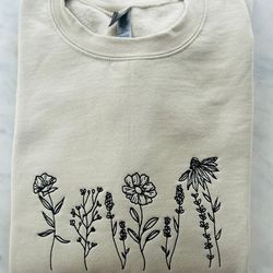 embroidered wildflowers sweatshirt, minimalistic embroideredflower crewneck, floral crewneck, women's crewneck,plant swe