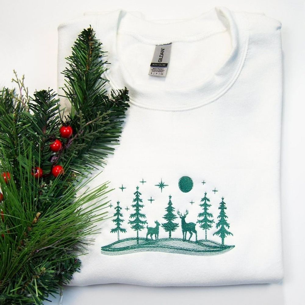 Winter Wonderland Holiday Scene Embroidered Christmas Forest Crewneck Sweatshirt.jpg
