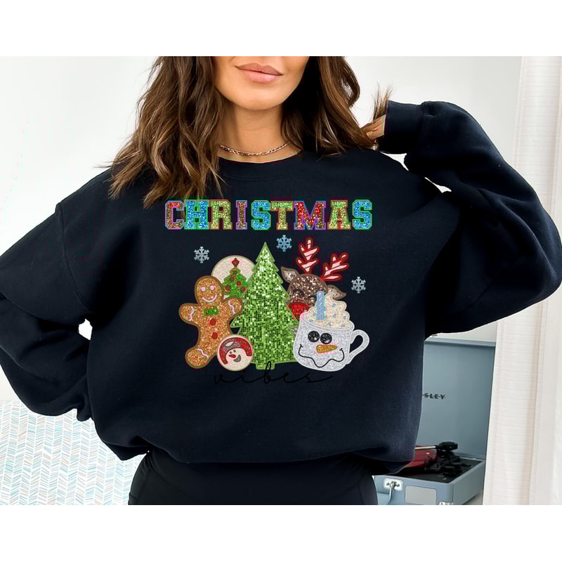Christmas Vibes Sweatshirt, Faux Embroidery Christmas Sweatshirt, Christmas Crewneck, Sequins Glitter, Womens Christmas Shirt.jpg