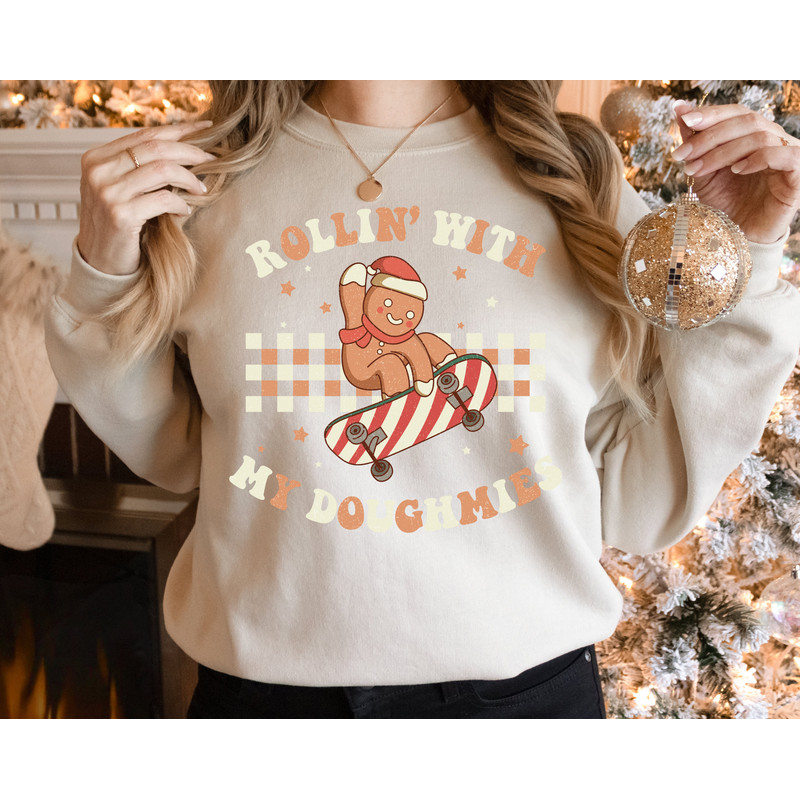 Rollin With My Doughmies Sweatshirt, Vintage Christmas, Christmas Sweatshirt, Cute Santa Sweatshirt, Xmas Graphic Pullover.jpg