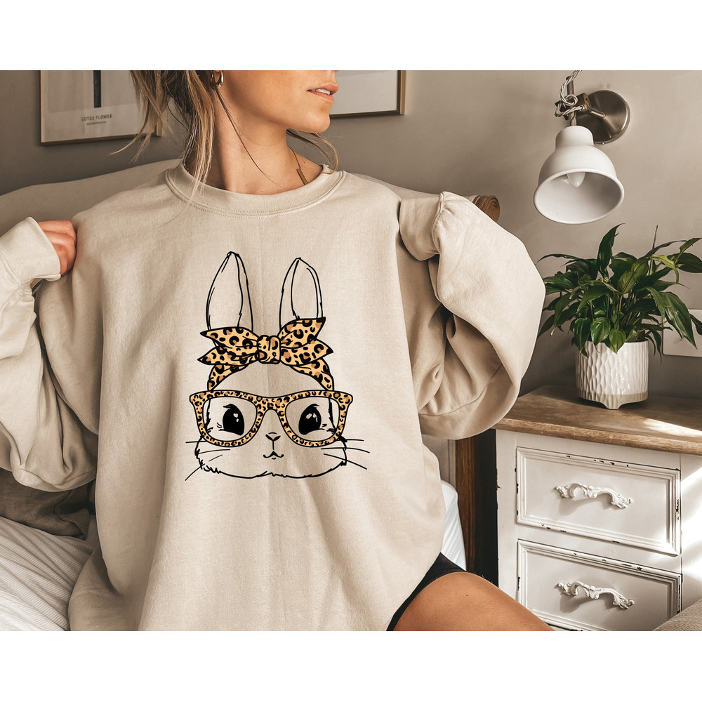 Bunny with Leopard Glasses shirt, Easter sweatshirt, Easter bunny graphic tee, Easter shirts for women, Ladies Easter Bunny tee, Easter Gift.jpg