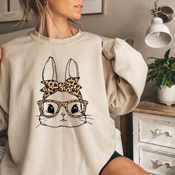 bunny with leopard glasses shirt, easter sweatshirt, easter bunny graphic tee, easter shirts for women, ladies easter bu