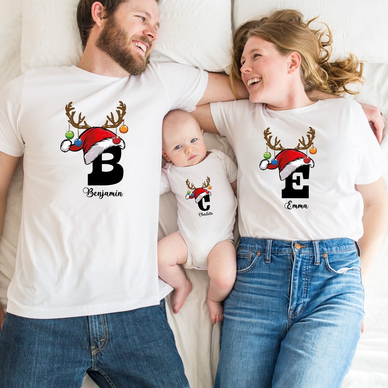 Custom Matching Family Christmas Tshirt, Personalized Initial Family Christmas Shirt, Christmas Family Sweatshirt, Matching Reindeer Shirts.jpg