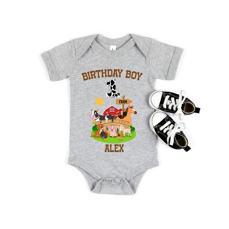 First Birthday Farm Shirt, Personalized One Barn Animals Birthday Boy Shirt, 1st Farm Birthday Boy Toddler shirt, Barnyard Birthday T-shirts.jpg