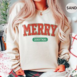 Merry Christmas Sweatshirt, Christmas Shirt For Women, Holiday Sweater Retro Christmas Gift Preppy Xmas Shirts, Chirstma