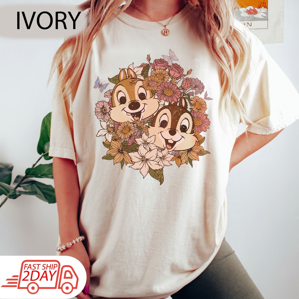 Vintage Disney Floral Chip And Dale Shirt, Chip and Dale Flower Shirt, Disney Family Vacation Shirt, Disney Couple Shirt, Disneyland Shirt.jpg