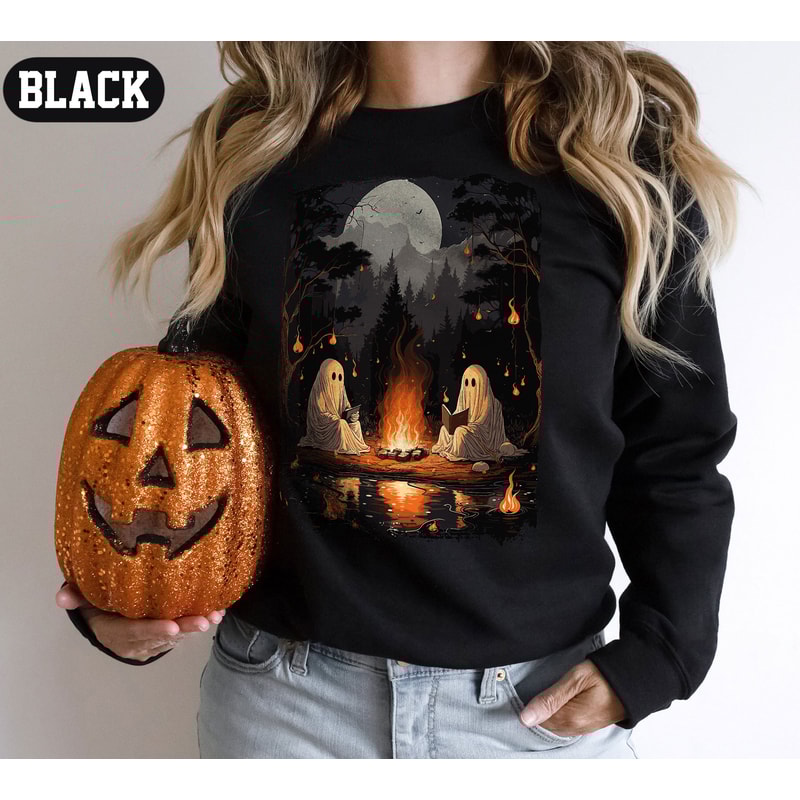 Vintage Ghost Book Reading Camping Gothic Halloween Teachers Sweatshirt, Halloween Ghost Camping Sweatshirt, Teachers Stay Spooky Shirt.jpg