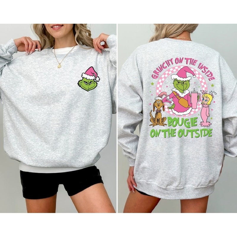 Boojee Grinch Christmas 2 Sided Sweatshirt, Bougie Grinch Christmas Sweatshirt, Grinchmas Sweatshirt, Pink Christmas Sweatshirt, Grinchy.jpg