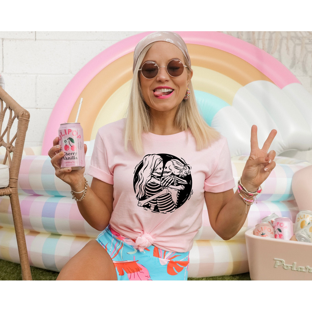 Aesthetic Skeleton Lesbian Couple Shirt, Queer Love Apparel, Lesbian Bridal Party Outfit, Pride Month Tee, Hugging Skeletons Shirt, Gay Gift.jpg